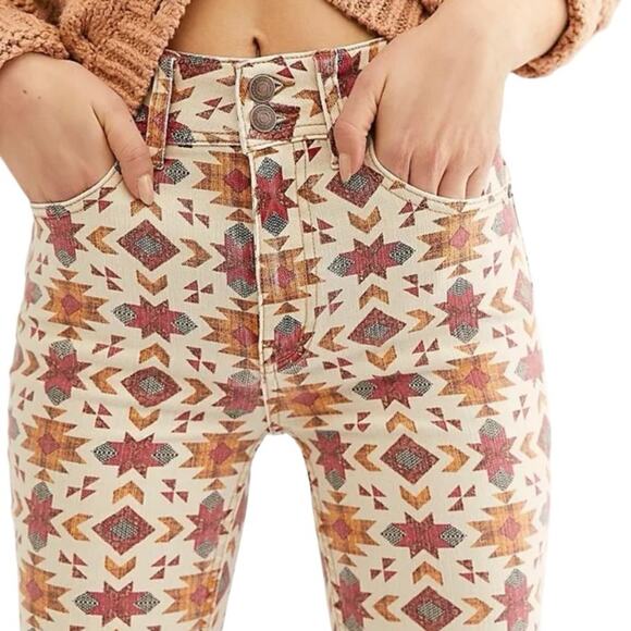 Free People We The Wild Child Skinny Navajo Aztec Print Cream Jeans size 31 - Picture 3 of 13